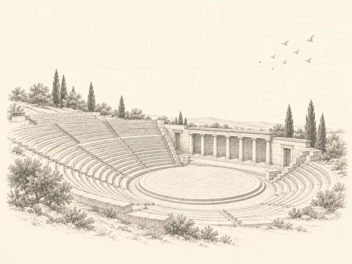 A pencil drawing of an open-air Greek theatre set into a hillside, its stone tiers curving around a round stage with a colonnade behind it.