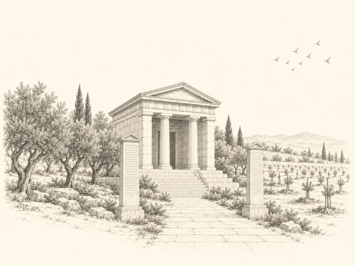 A pencil drawing of a small classical treasury with two columns, reached by a stone path between two tall inscribed stelae, beside an olive grove and a field of young saplings.