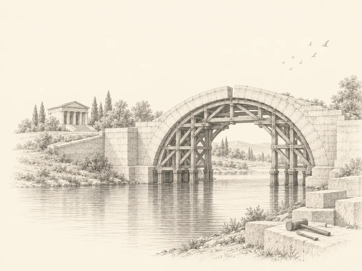 A pencil drawing of a stone arch bridge under construction, still resting on its timber centring, with a small classical building on the far bank.