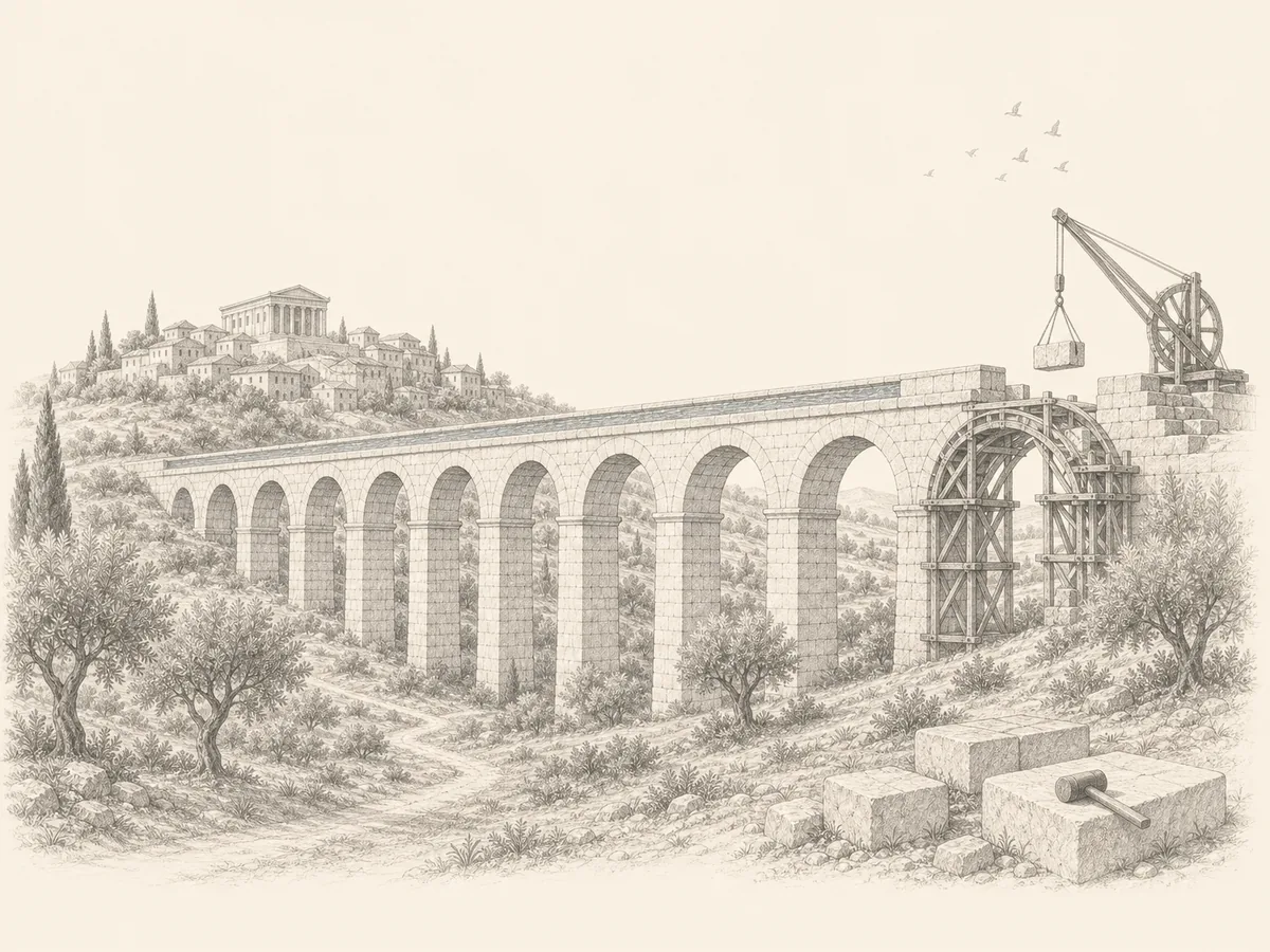A pencil drawing of a stone aqueduct crossing a green valley toward a hill town with a temple, its last arch still resting on timber scaffolding beside a wooden crane.